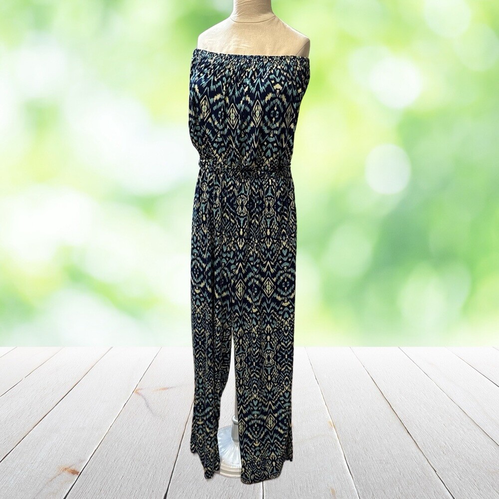 MLLE GABRIELLE Strapless Jumpsuit Elastic Waist Pockets Boho Ikat Jersey Sz 3X